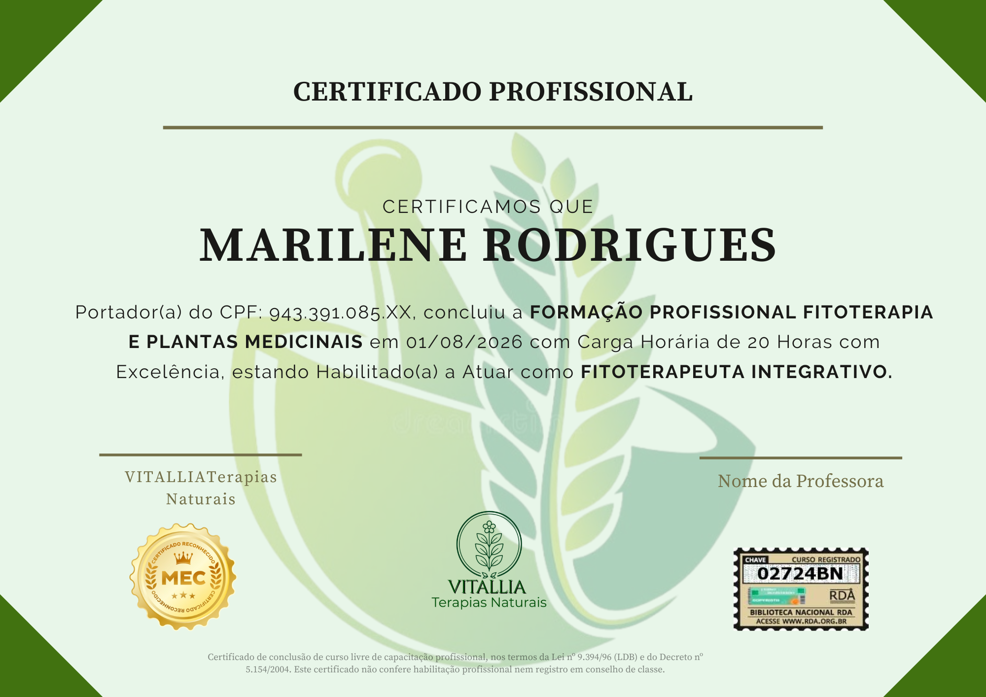Certificado de Fitoterapia e Plantas Medicinais da VITALLIA